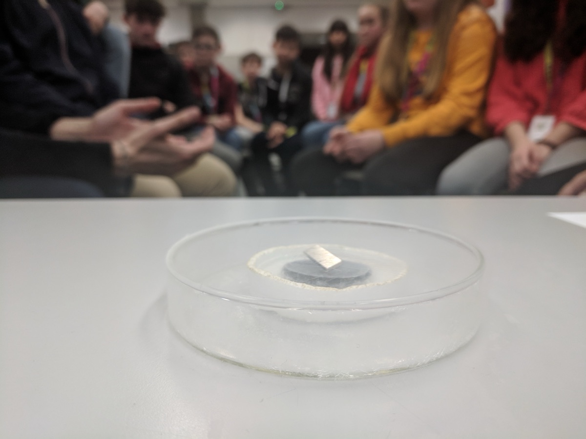 A small magnet levitating above a superconductor cooled by liquid nitrogen (the Meissner effect), illustrating superconductivity - the phenomenon behind two new kagome-lattice superconductors that an AI helped discover.
