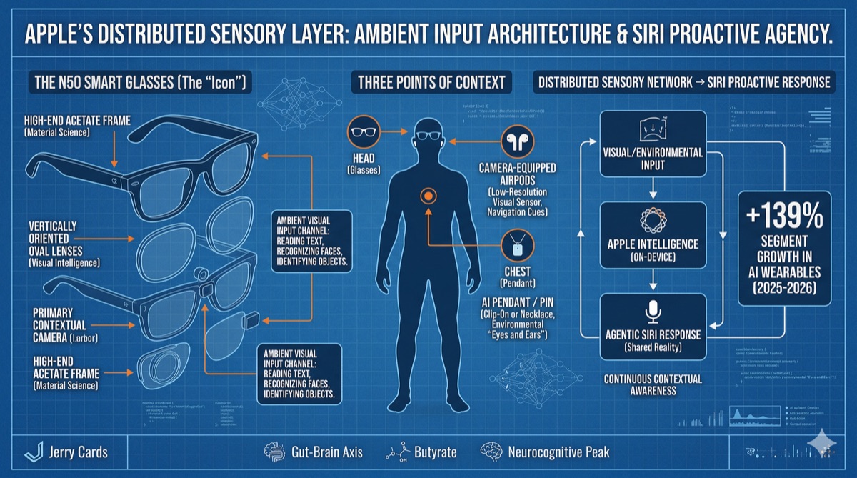 Apple N50 smart glasses blueprint showing the distributed sensory layer with glasses, AirPods, and AI pendant feeding into Apple Intelligence