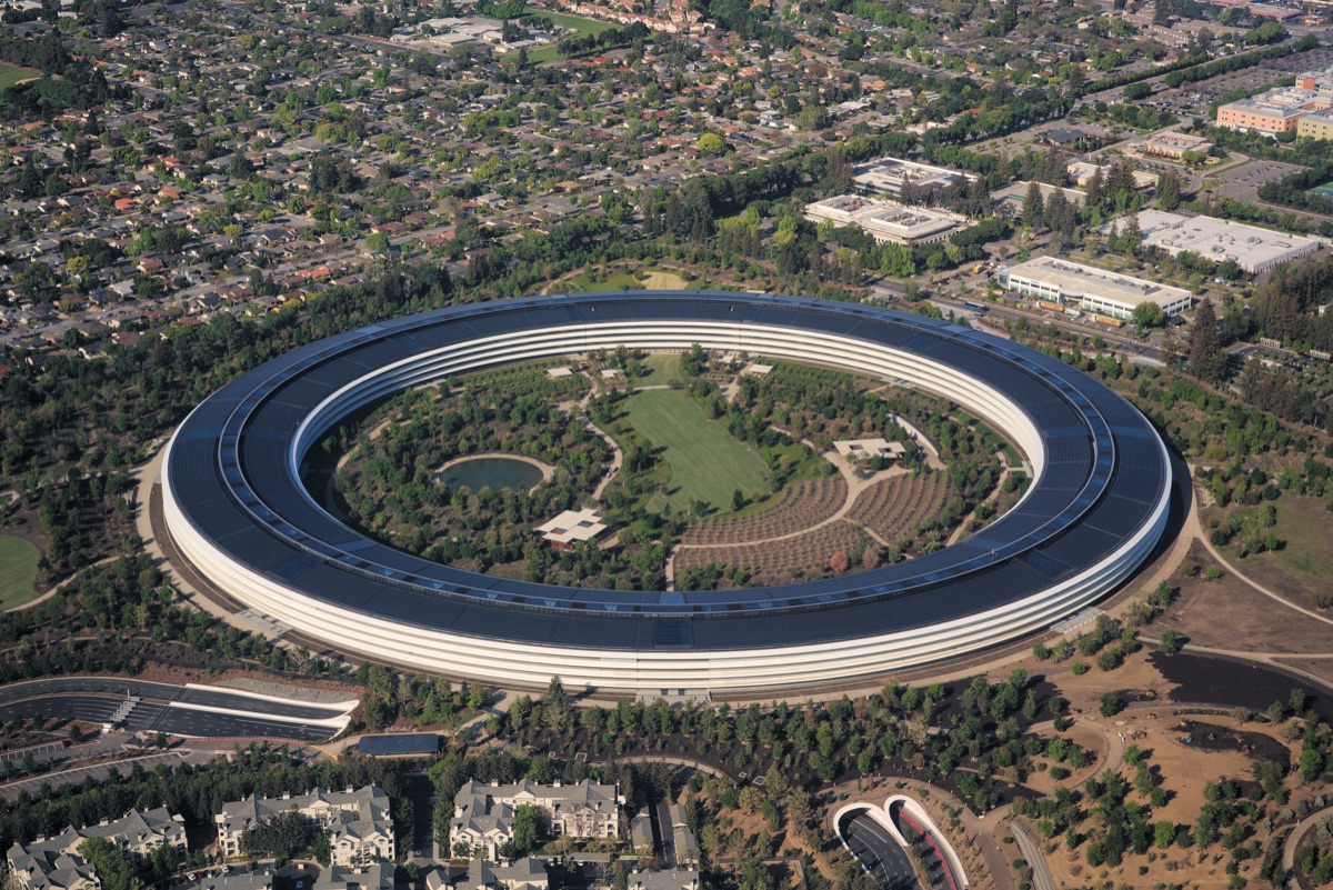 Aerial view of Apple Park, Apple's circular Cupertino headquarters, illustrating Apple TV's record 89 Emmy nominations for 2026