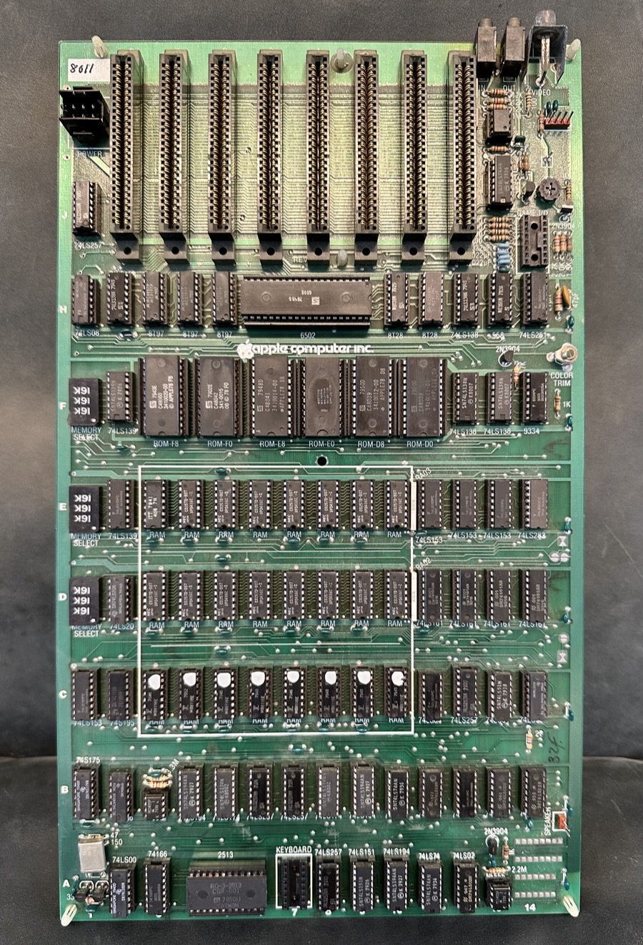 Apple II motherboard showing the 8 expansion slots