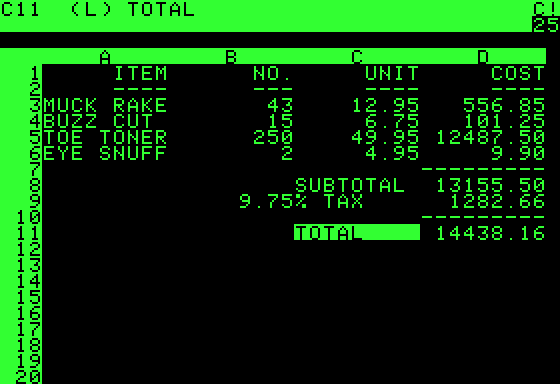 VisiCalc spreadsheet running on Apple II