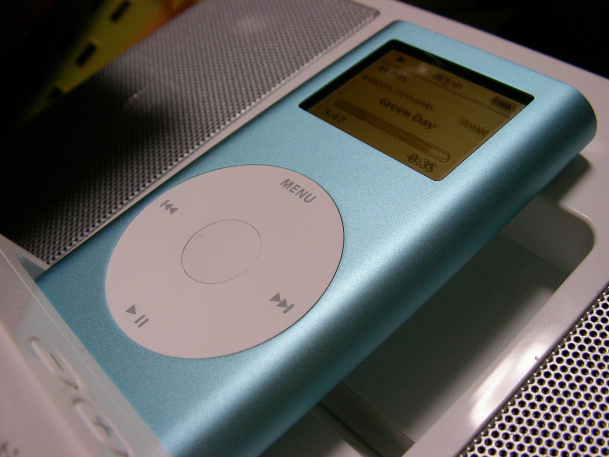 Blue iPod Mini from 2005, the second-generation device that opened the iPod to broader consumer markets at a 249 dollar price point