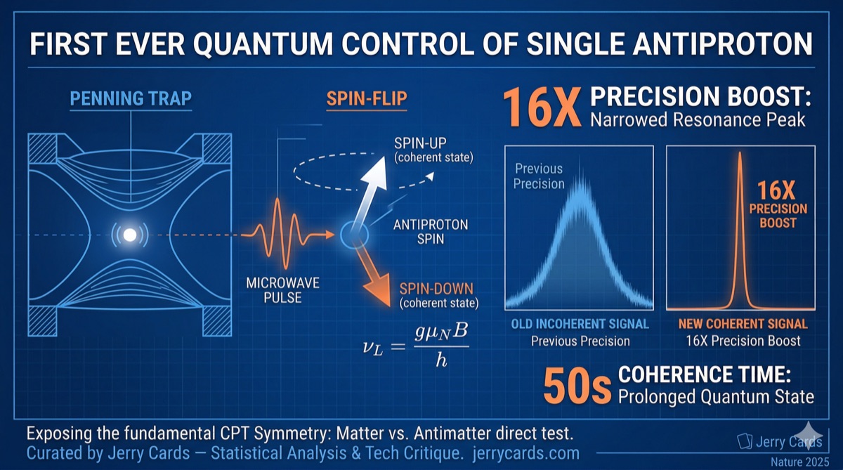 CERN BASE collaboration antimatter qubit diagram showing Penning trap, coherent spin spectroscopy, and 16x precision boost