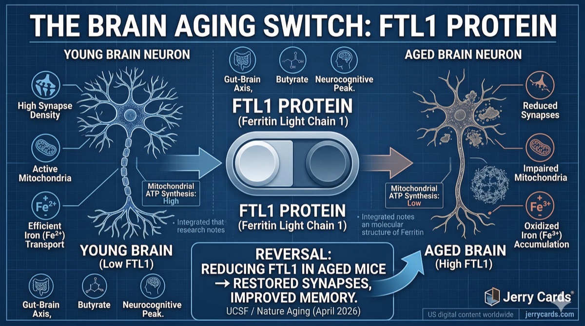 FTL1 brain aging switch infographic showing young brain neuron with high synapse density vs aged brain with reduced synapses and oxidized iron accumulation