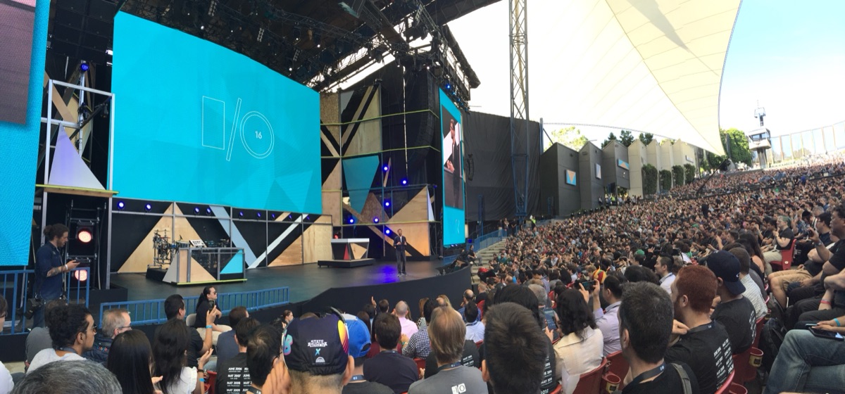 Google I/O keynote stage at Shoreline Amphitheatre - the venue where on May 19 2026 Google announced Gemini 3.5 Flash, Gemini Spark, Gemini Omni, and the Android XR glasses lineup that this article scorecards a week later