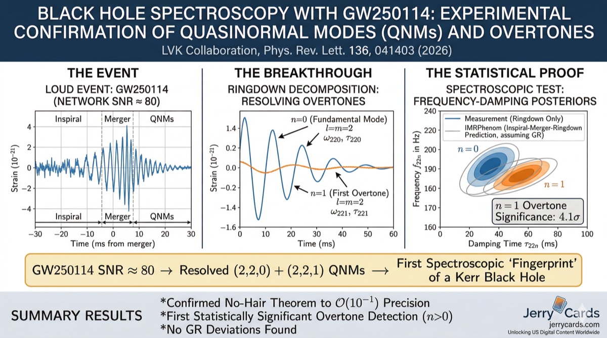 GW250114 gravitational wave black hole spectroscopy infographic showing ringdown modes, overtone detection, and tests of general relativity