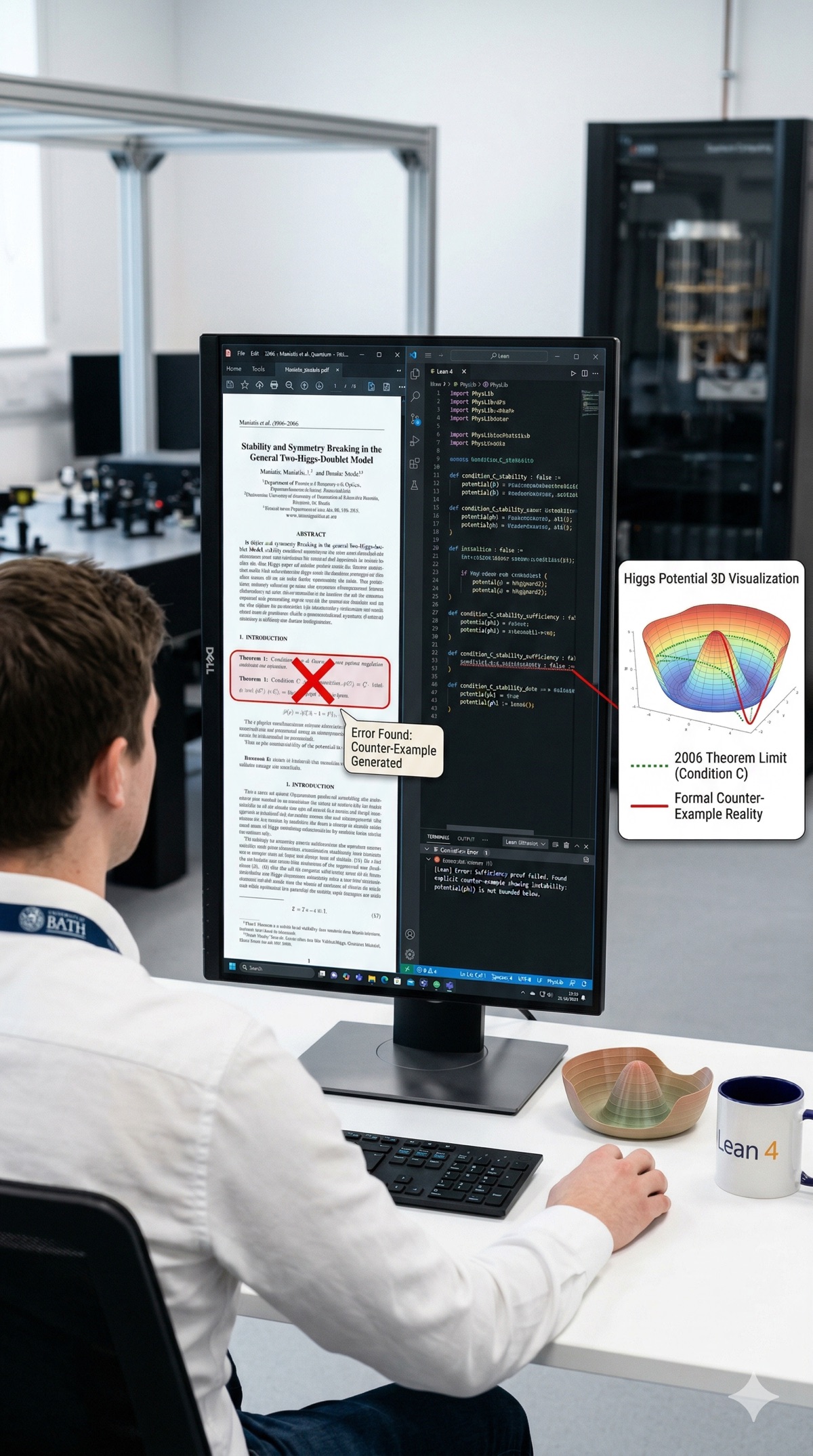Researcher using Lean 4 formal verification to find error in 2006 Higgs physics paper, showing counterexample on screen