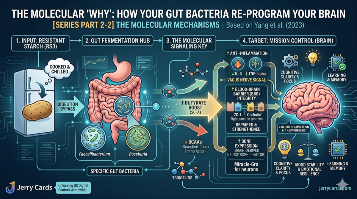 Infographic showing the three pillars of brain stabilization through resistant starch: butyrate signaling, blood-brain barrier repair, and BCAA reduction